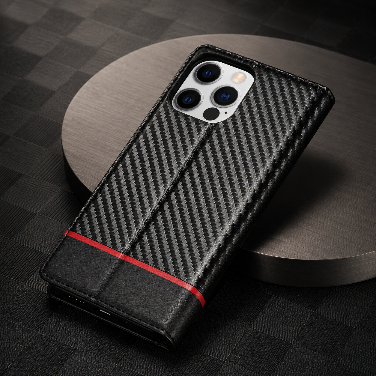 Premium Luxury iPhone Case MagSafe Compatible Carbon Fiber Leather Flip Wallet Cover Card Holder Kickstand Shockproof Camera Protection Slim Design Finish