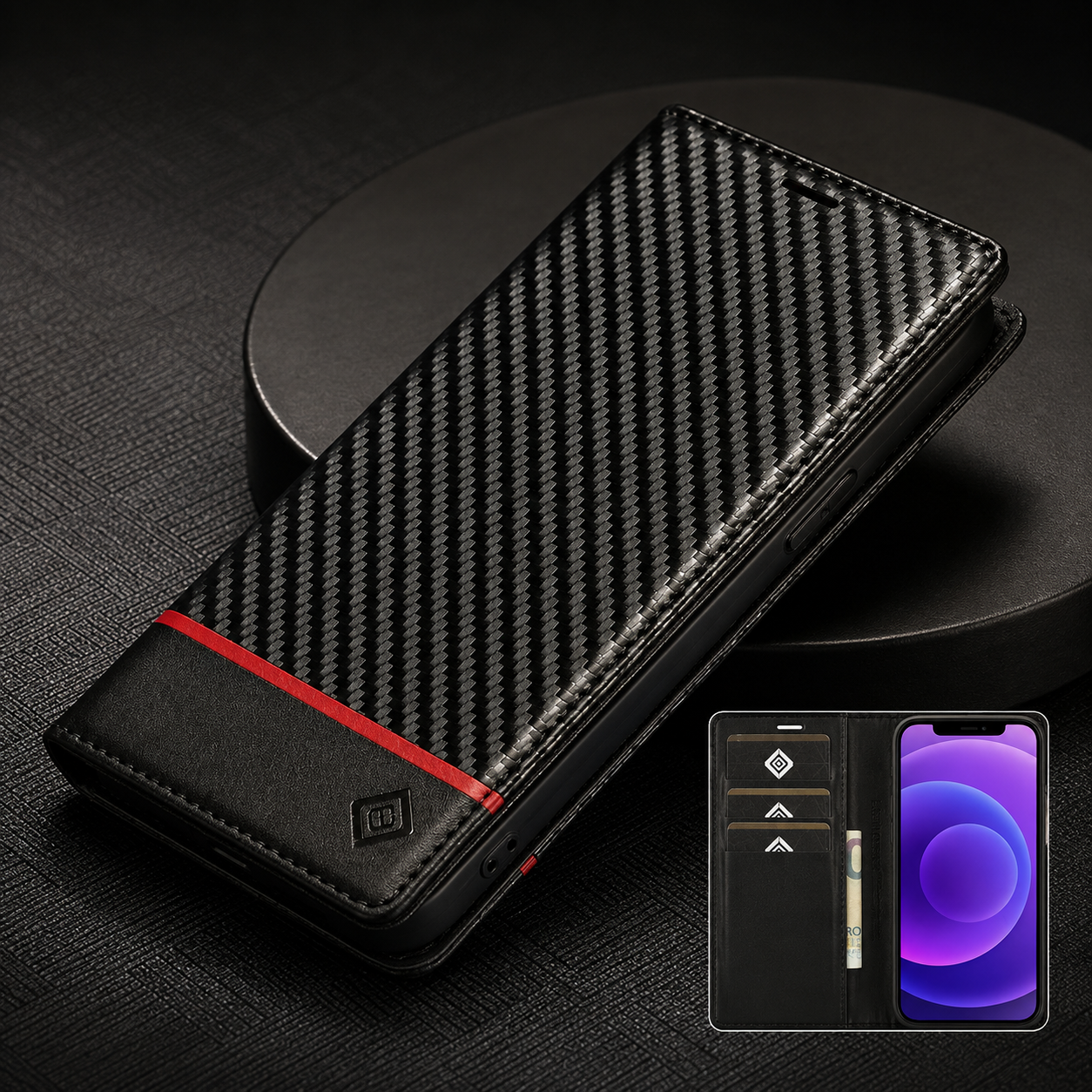 Premium Luxury iPhone Case MagSafe Compatible Carbon Fiber Leather Flip Wallet Cover Card Holder Kickstand Shockproof Camera Protection Slim Design Finish
