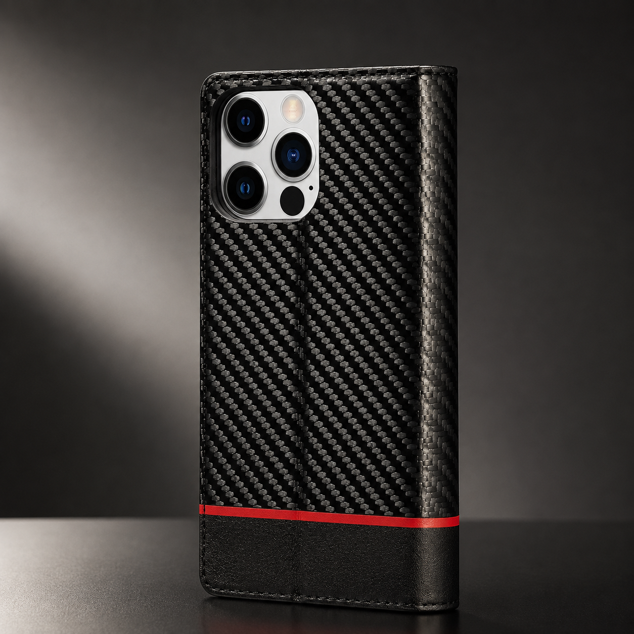 Premium Luxury iPhone Case MagSafe Compatible Carbon Fiber Leather Flip Wallet Cover Card Holder Kickstand Shockproof Camera Protection Slim Design Finish