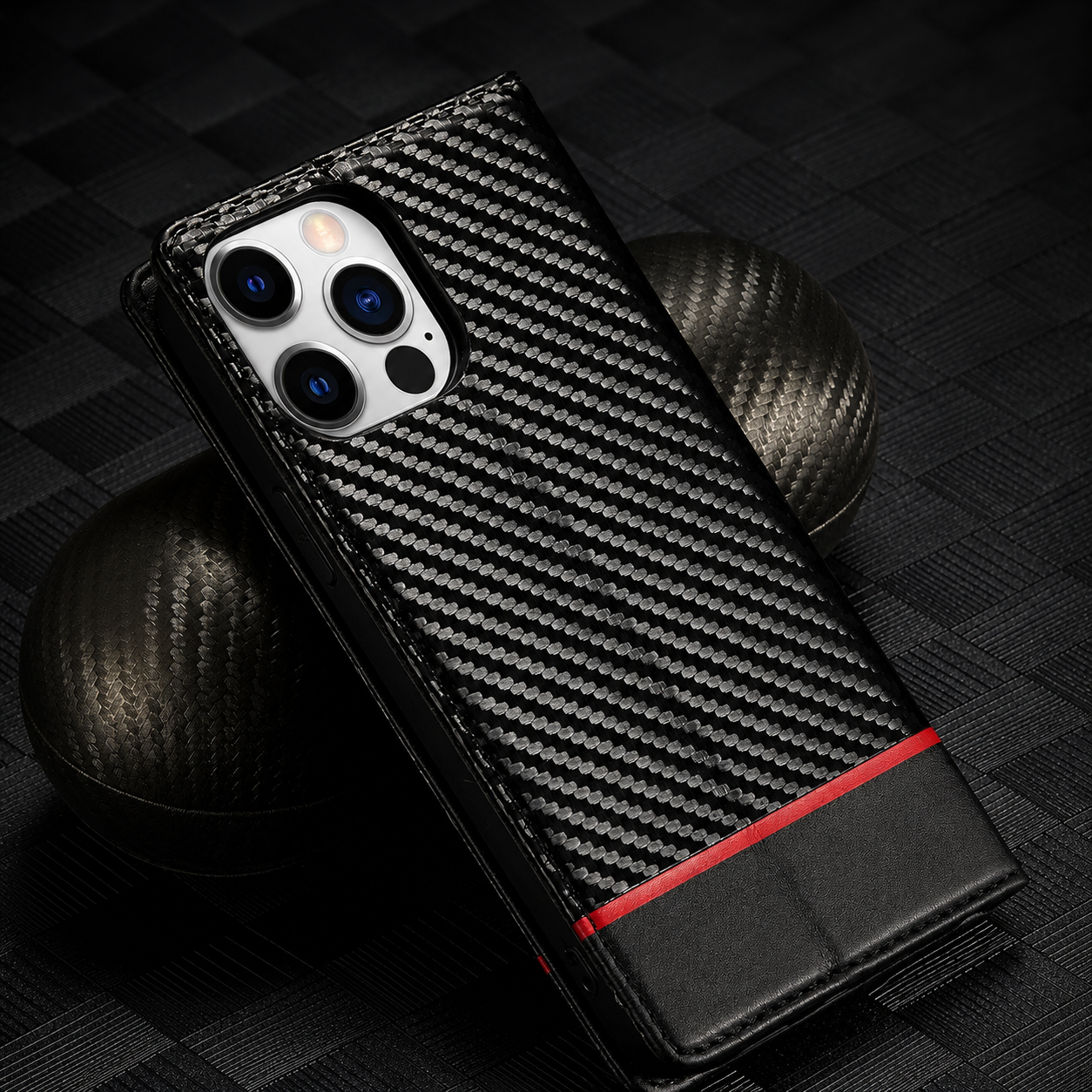 Premium Luxury iPhone Case MagSafe Compatible Carbon Fiber Leather Flip Wallet Cover Card Holder Kickstand Shockproof Camera Protection Slim Design Finish