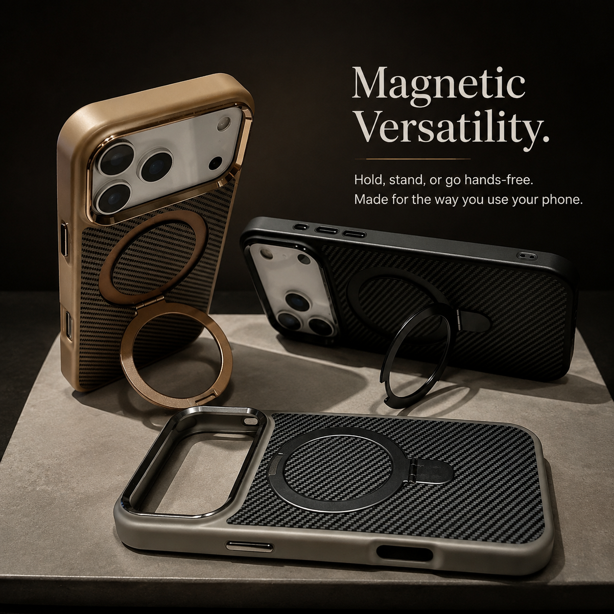 Premium Luxury iPhone Case MagSafe Compatible Carbon Fiber Texture Magnetic Stand Holder Cover Shockproof Half Wrapped PC Protective Durable Design