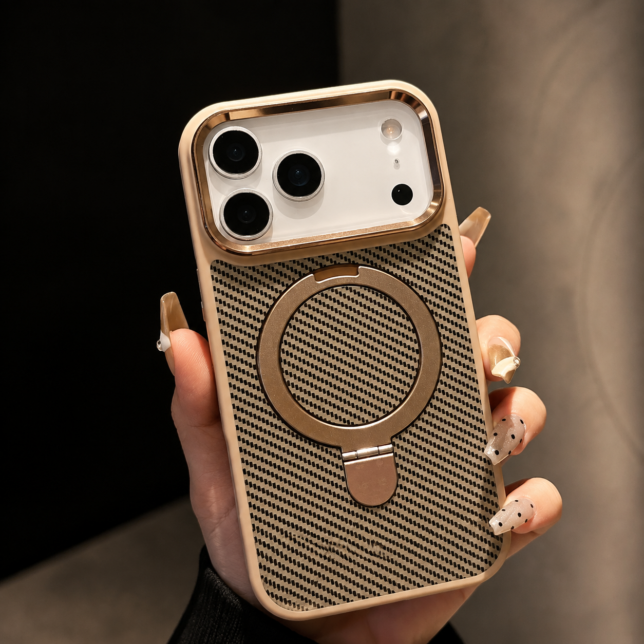 Premium Luxury iPhone Case MagSafe Compatible Carbon Fiber Texture Magnetic Stand Holder Cover Shockproof Half Wrapped PC Protective Durable Design