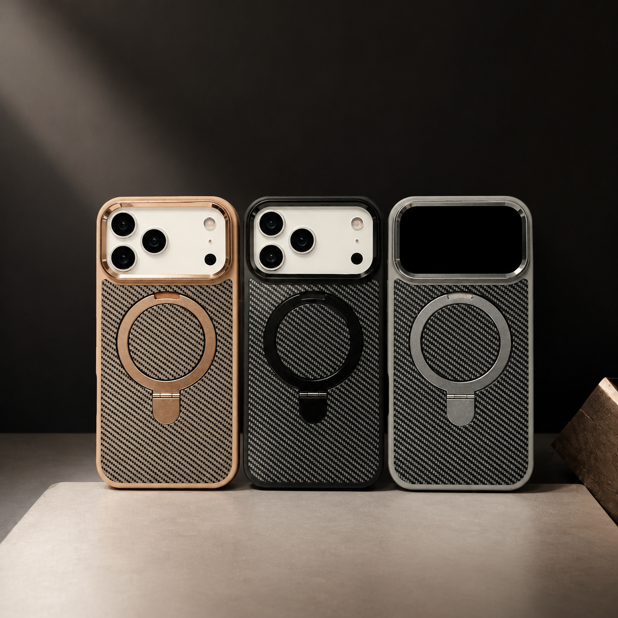 Premium Luxury iPhone Case MagSafe Compatible Carbon Fiber Texture Magnetic Stand Holder Cover Shockproof Half Wrapped PC Protective Durable Design