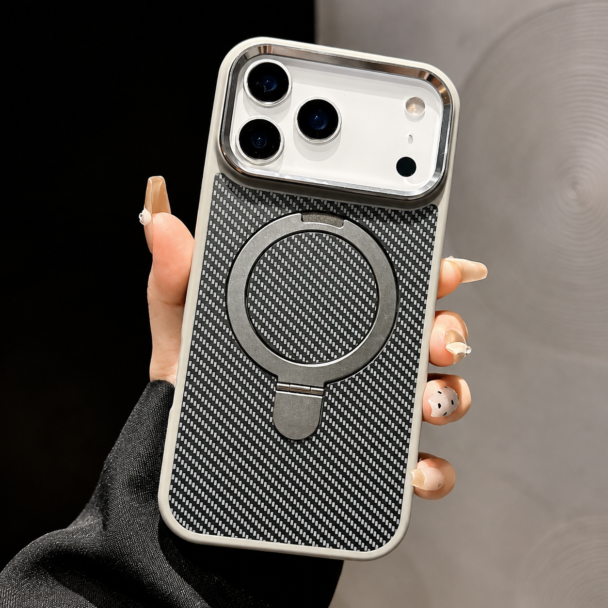 Premium Luxury iPhone Case MagSafe Compatible Carbon Fiber Texture Magnetic Stand Holder Cover Shockproof Half Wrapped PC Protective Durable Design