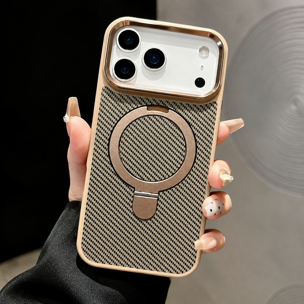 Premium Luxury iPhone Case MagSafe Compatible Carbon Fiber Texture Magnetic Stand Holder Cover Shockproof Half Wrapped PC Protective Durable Design