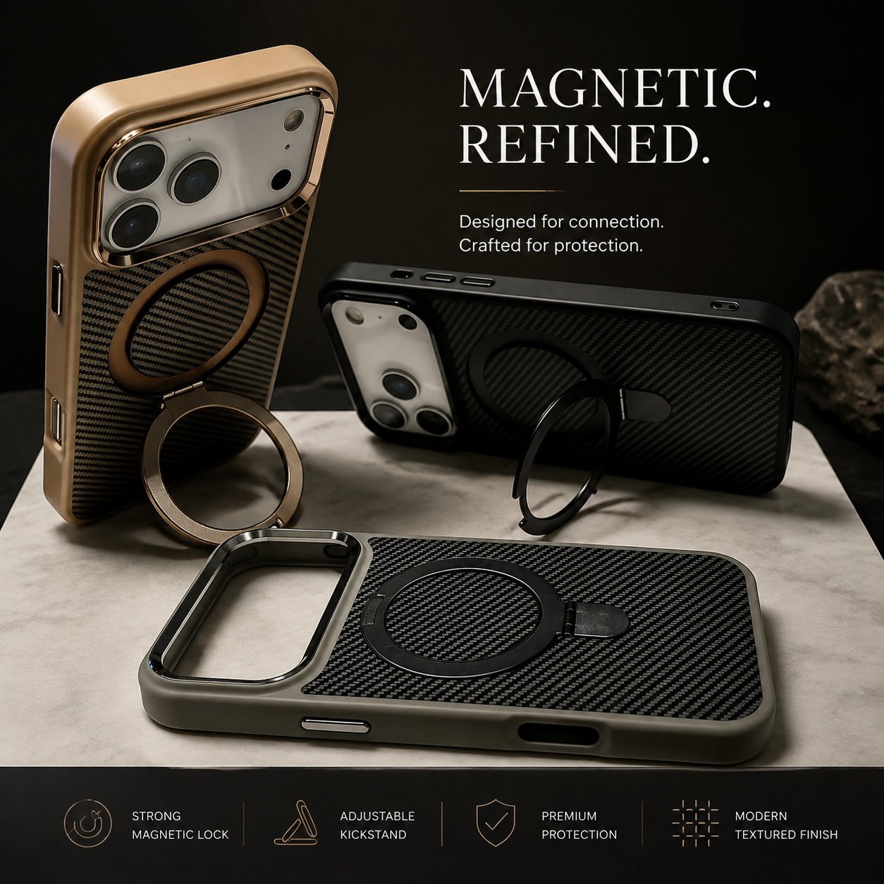 Premium Luxury iPhone Case MagSafe Compatible Carbon Fiber Texture Magnetic Stand Holder Cover Shockproof Half Wrapped PC Protective Durable Design