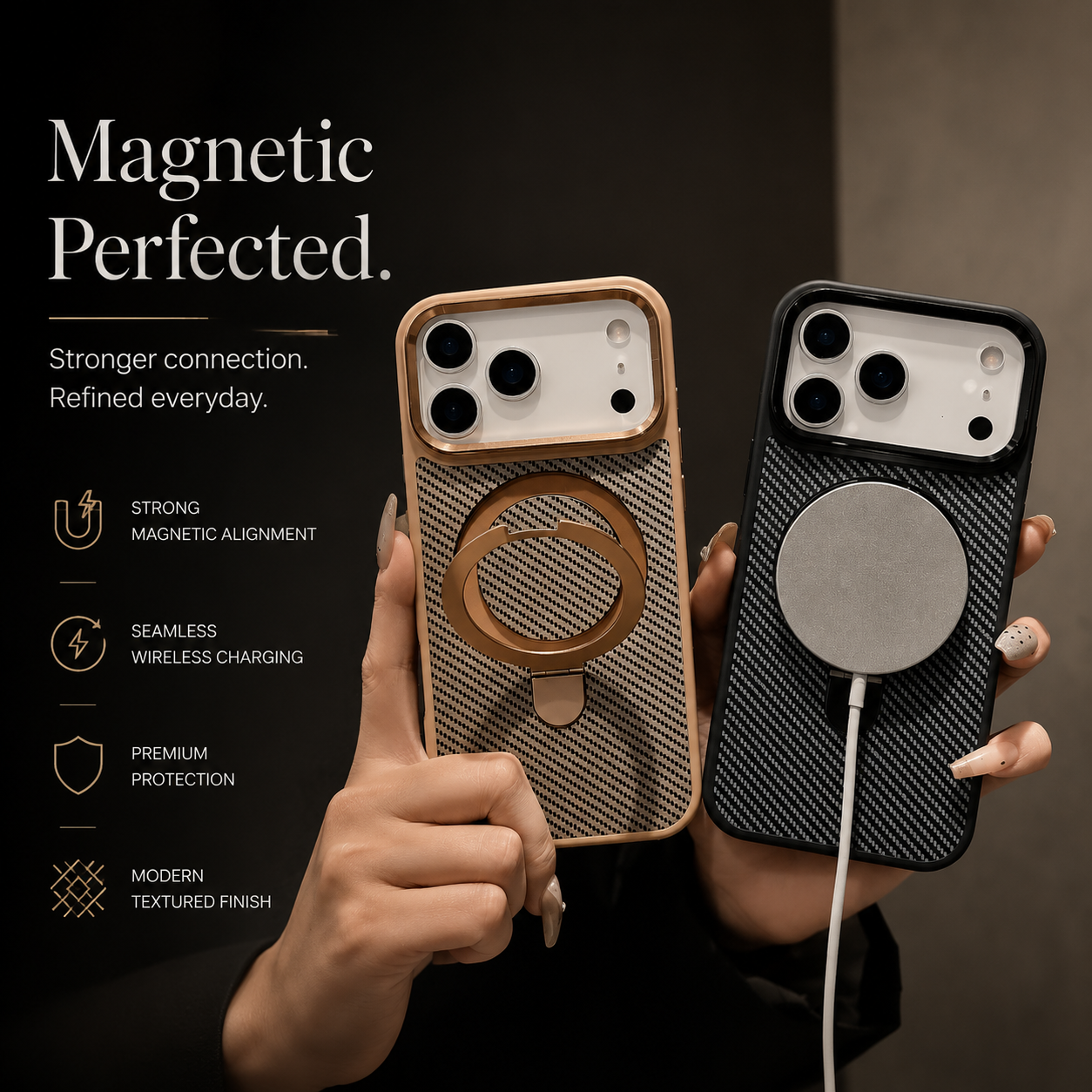 Premium Luxury iPhone Case MagSafe Compatible Carbon Fiber Texture Magnetic Stand Holder Cover Shockproof Half Wrapped PC Protective Durable Design