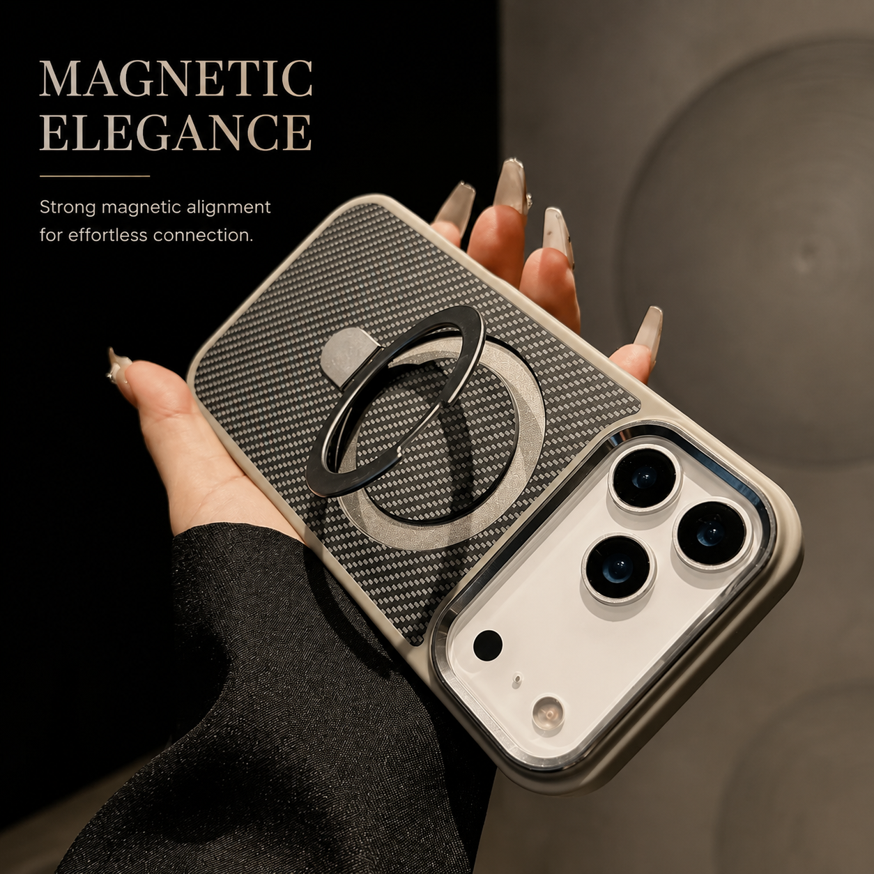 Premium Luxury iPhone Case MagSafe Compatible Carbon Fiber Texture Magnetic Stand Holder Cover Shockproof Half Wrapped PC Protective Durable Design
