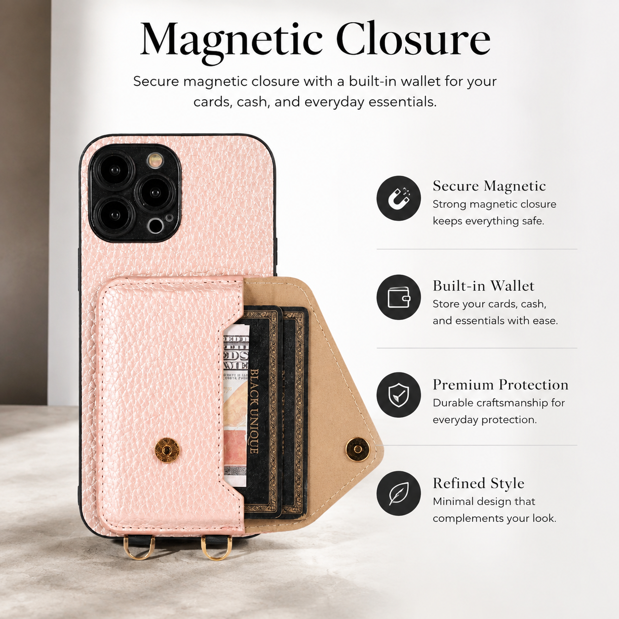 Premium Luxury iPhone Case MagSafe Compatible Crossbody Wallet Leather Cover Card Holder Strap Shockproof Camera Protection Slim Design Finish