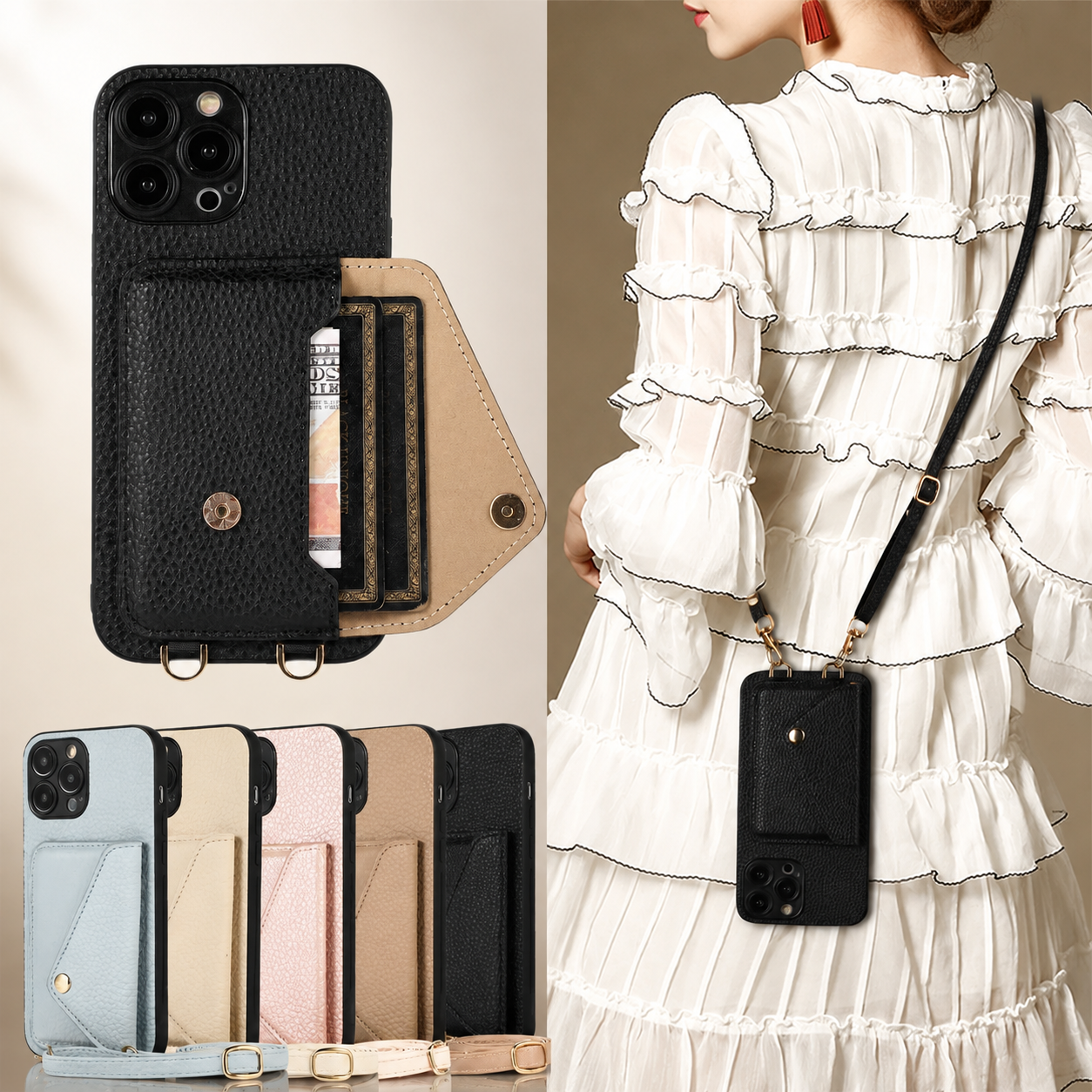 Premium Luxury iPhone Case MagSafe Compatible Crossbody Wallet Leather Cover Card Holder Strap Shockproof Camera Protection Slim Design Finish