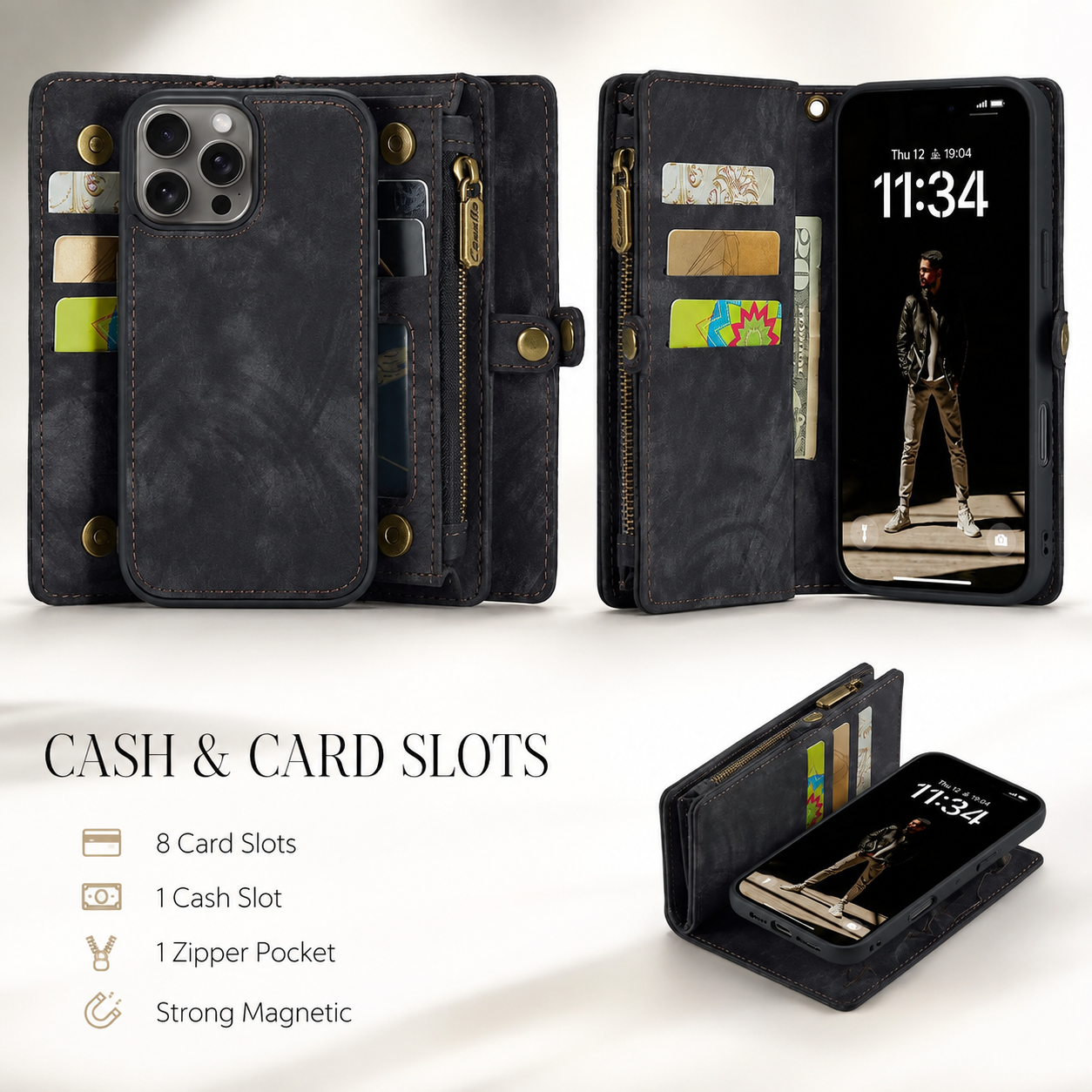 Premium Luxury iPhone Case MagSafe Compatible Detachable Leather Wallet Cover Flip Stand Card Holder Shockproof Camera Protection Slim Design Finish