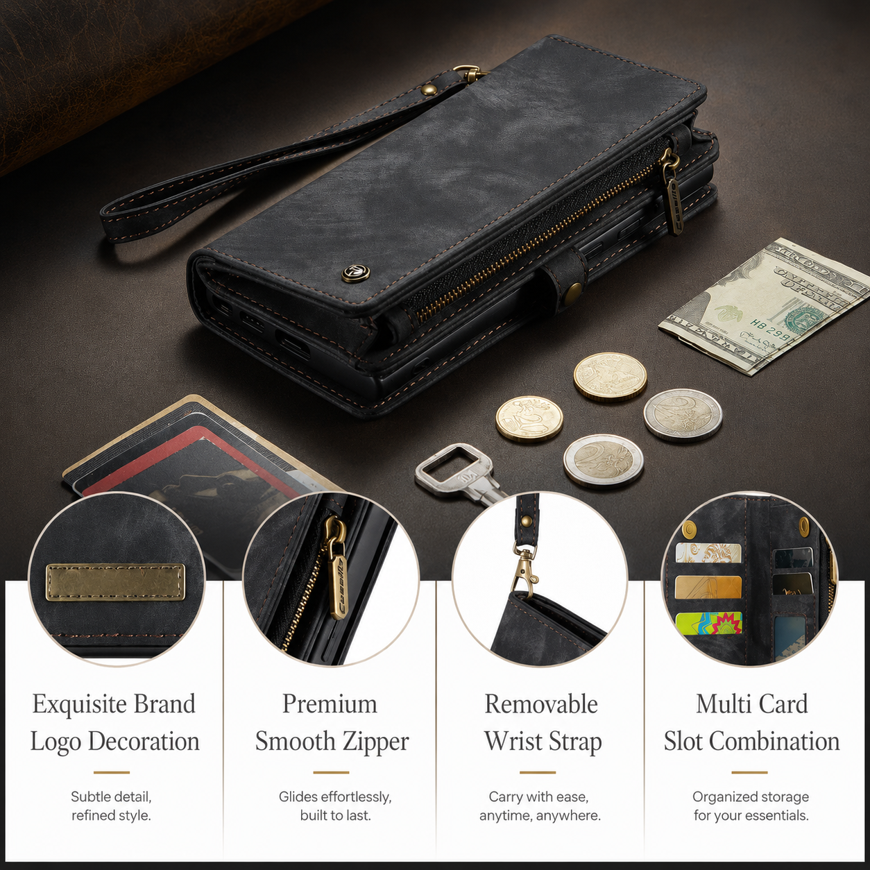 Premium Luxury iPhone Case MagSafe Compatible Detachable Leather Wallet Cover Flip Stand Card Holder Shockproof Camera Protection Slim Design Finish