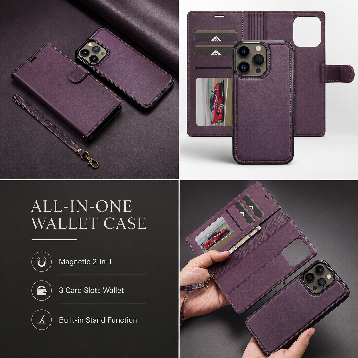 Premium Luxury iPhone Case MagSafe Compatible Detachable Leather Wallet Cover Flip Stand Card Holder Shockproof Camera Protection Slim Design Finish
