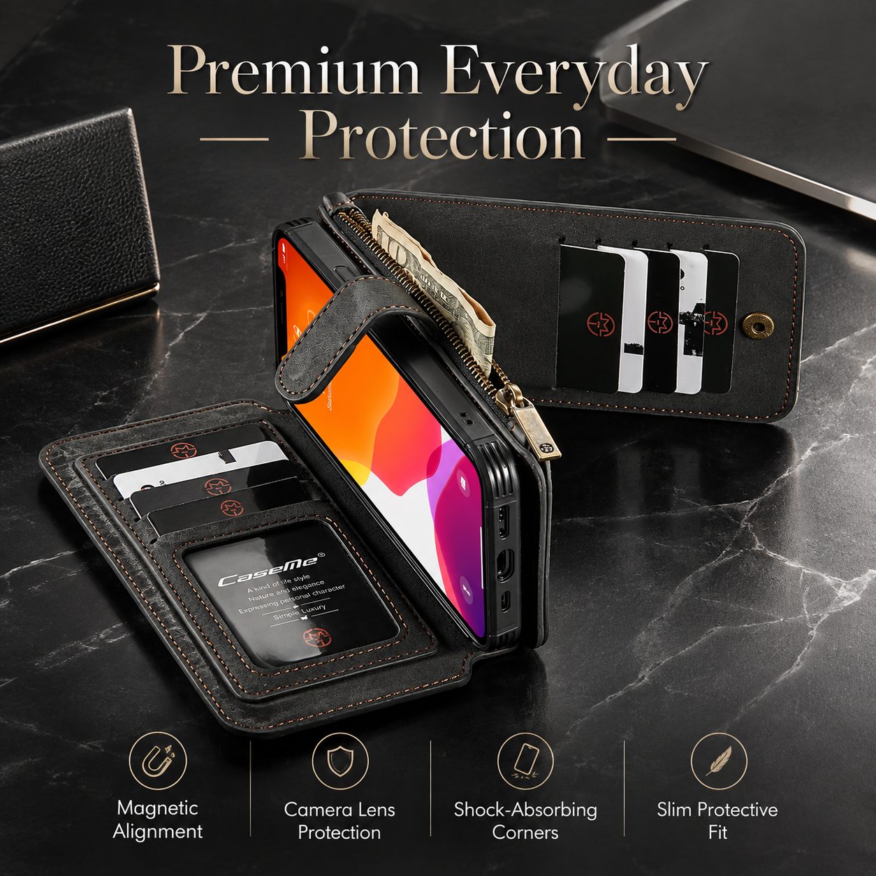 Premium Luxury iPhone Case MagSafe Compatible Detachable Leather Wallet Cover Flip Stand Card Holder Shockproof Camera Protection Slim Design Finish
