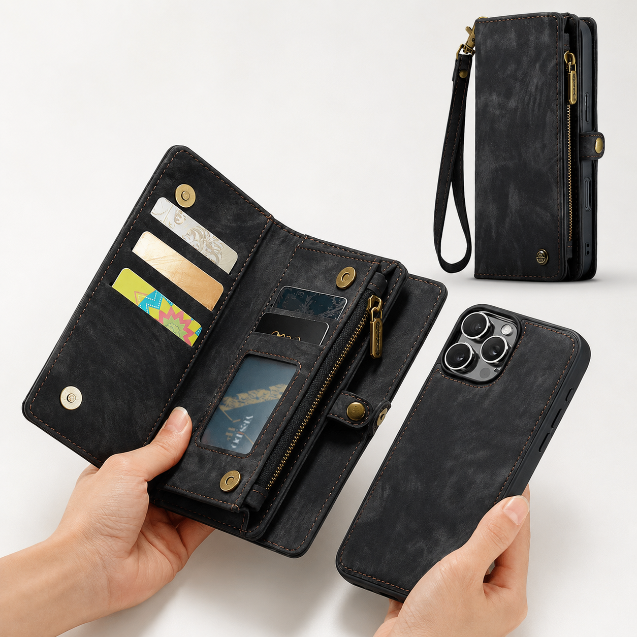 Premium Luxury iPhone Case MagSafe Compatible Detachable Leather Wallet Cover Flip Stand Card Holder Shockproof Camera Protection Slim Design Finish