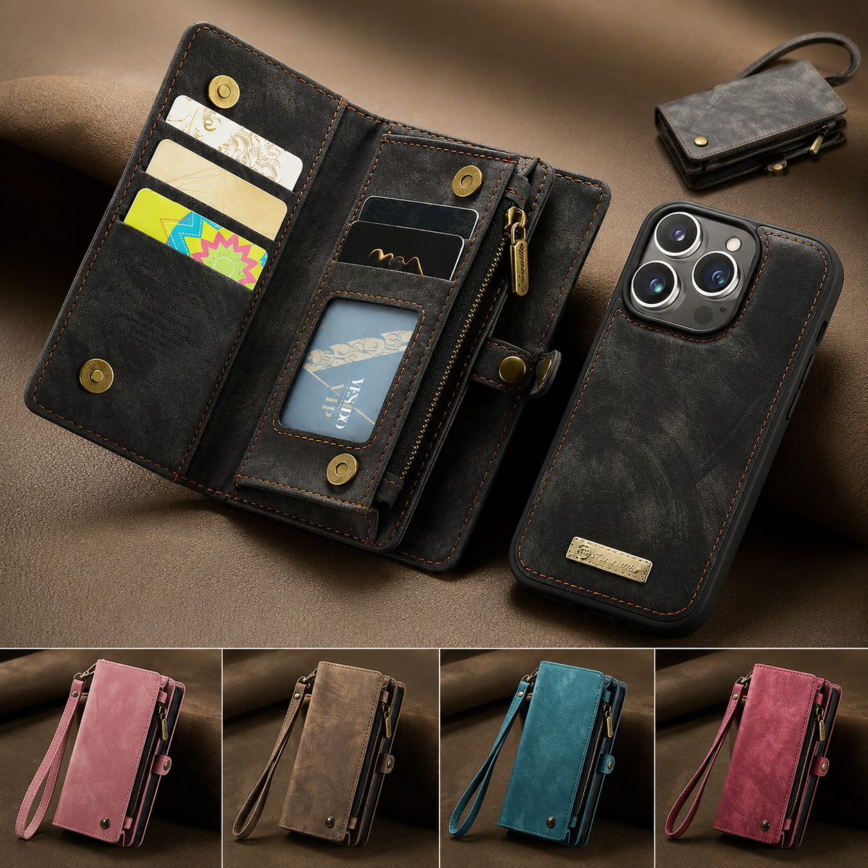 Premium Luxury iPhone Case MagSafe Compatible Detachable Leather Wallet Cover Flip Stand Card Holder Shockproof Camera Protection Slim Design Finish