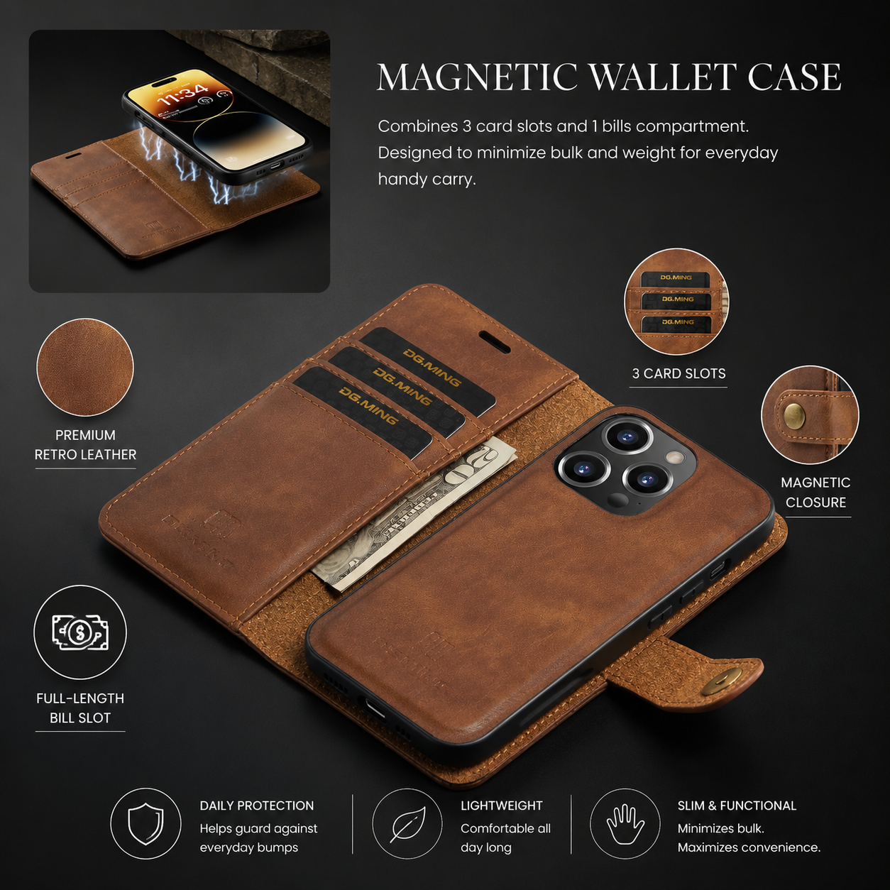Premium Luxury iPhone Case MagSafe Compatible Detachable Magnetic Wallet Leather Cover Card Holder Shockproof Camera Protection Slim Design Finish