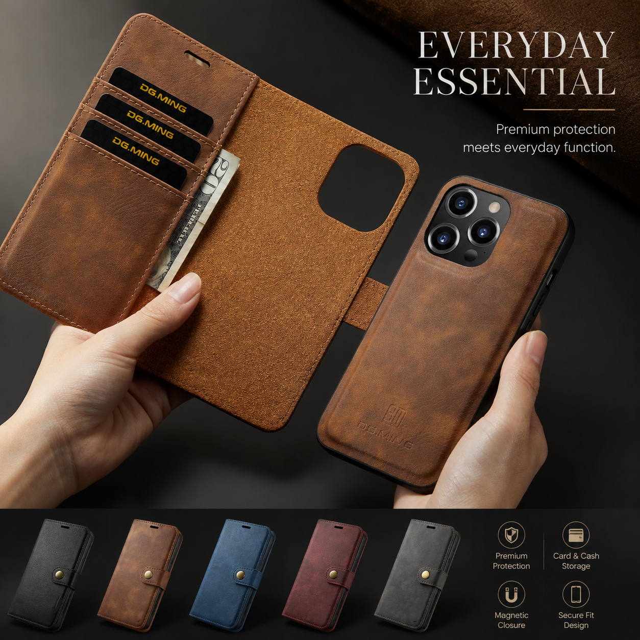 Premium Luxury iPhone Case MagSafe Compatible Detachable Magnetic Wallet Leather Cover Card Holder Shockproof Camera Protection Slim Design Finish