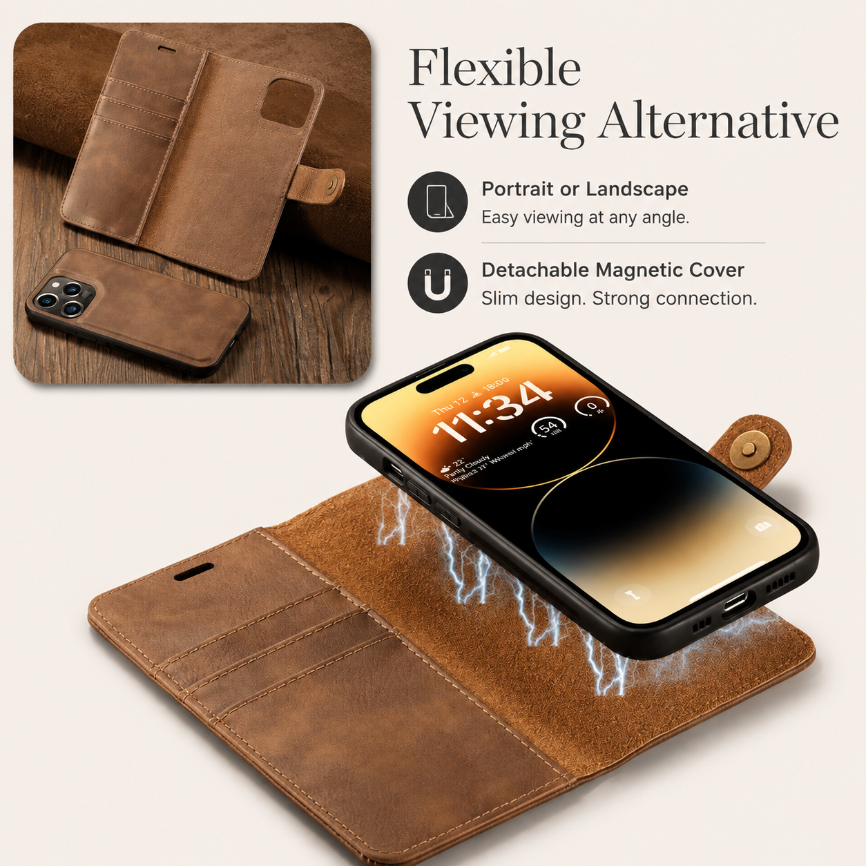 Premium Luxury iPhone Case MagSafe Compatible Detachable Magnetic Wallet Leather Cover Card Holder Shockproof Camera Protection Slim Design Finish