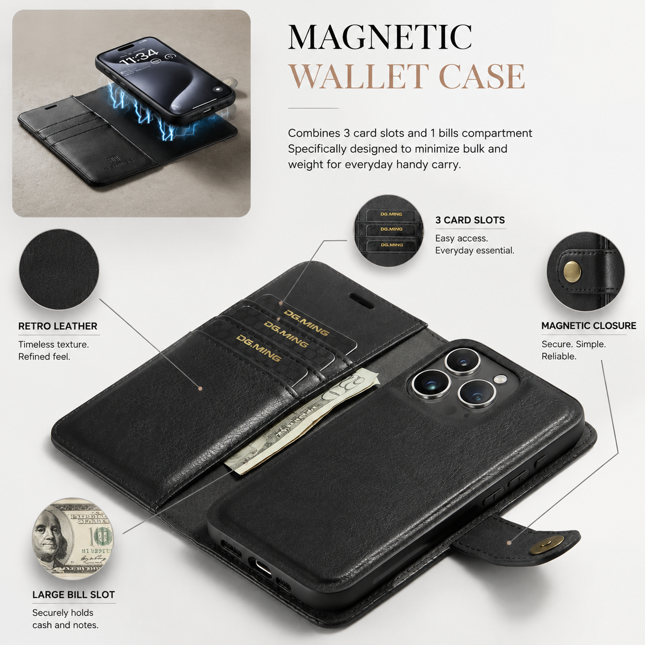 Premium Luxury iPhone Case MagSafe Compatible Detachable Magnetic Wallet Leather Cover Card Holder Shockproof Camera Protection Slim Design Finish