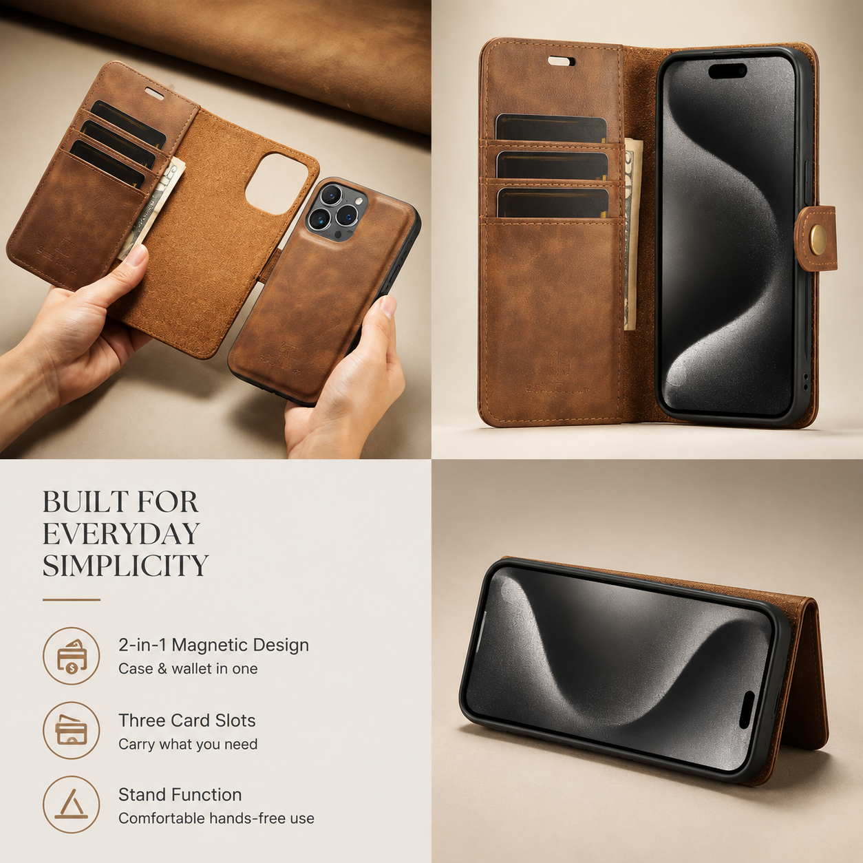 Premium Luxury iPhone Case MagSafe Compatible Detachable Magnetic Wallet Leather Cover Card Holder Shockproof Camera Protection Slim Design Finish