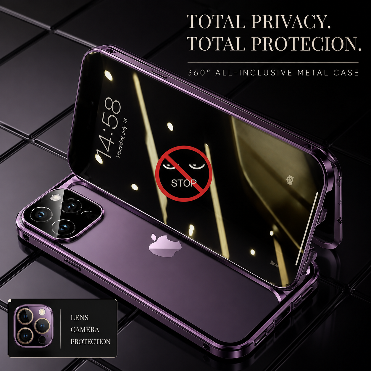 Premium Luxury iPhone Case MagSafe Compatible Double Sided Tempered Glass Privacy Cover Metal Frame Shockproof 360 Full Body Camera Protection Slim Design Finish