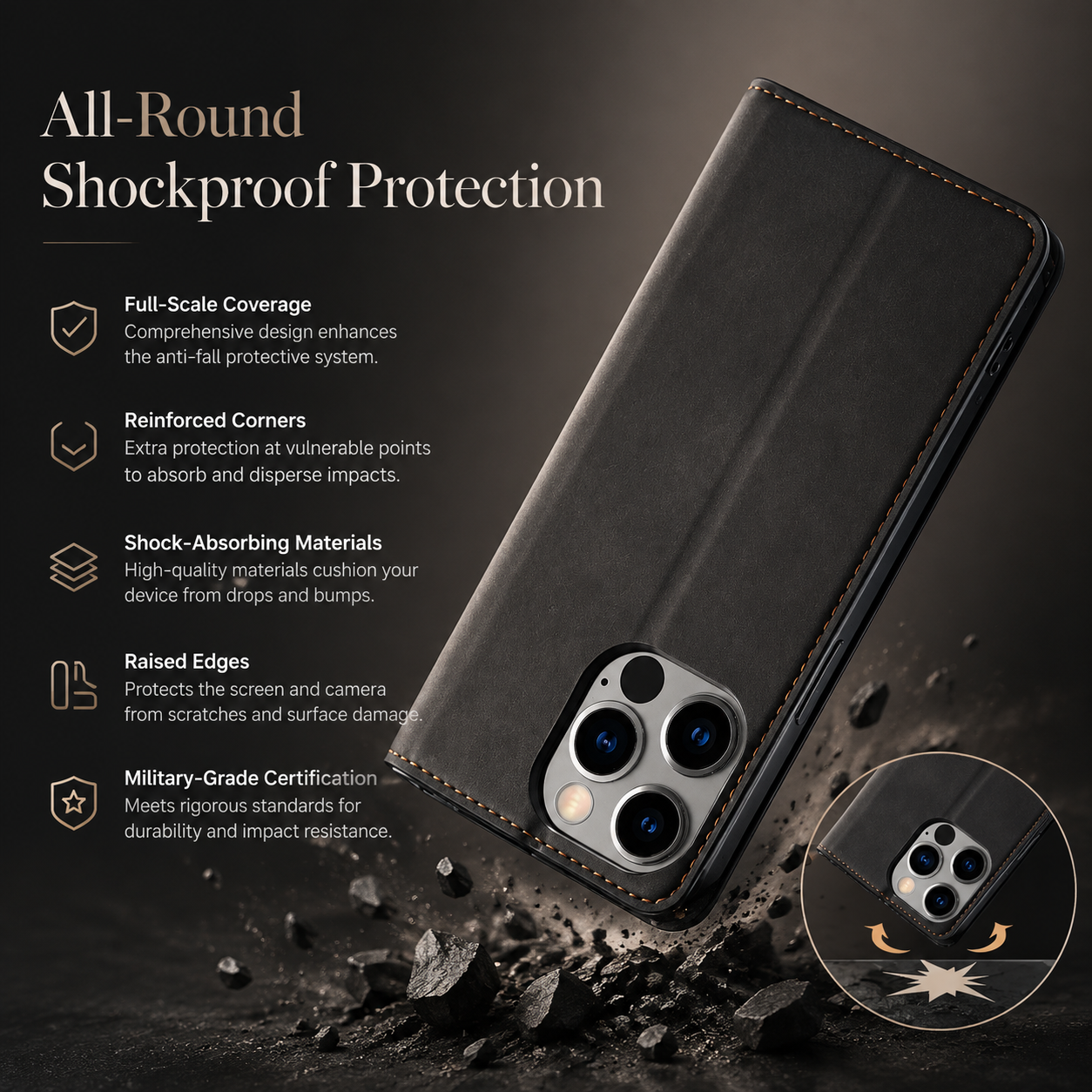 Premium Luxury iPhone Case MagSafe Compatible Flip Wallet Leather Cover Card Holder Magnetic Closure Kickstand Shockproof Camera Protection Durable Design Finish