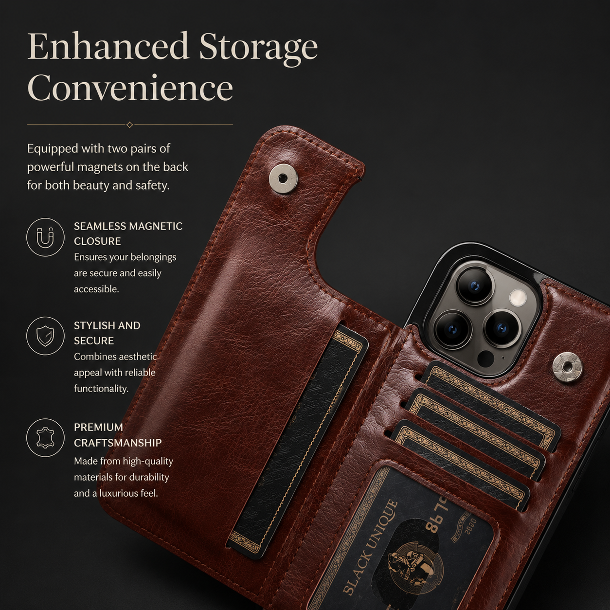 Premium Luxury iPhone Case MagSafe Compatible Flip Wallet Leather Cover RFID Blocking Card Holder Magnetic Closure Kickstand Shockproof Protective Design Finish