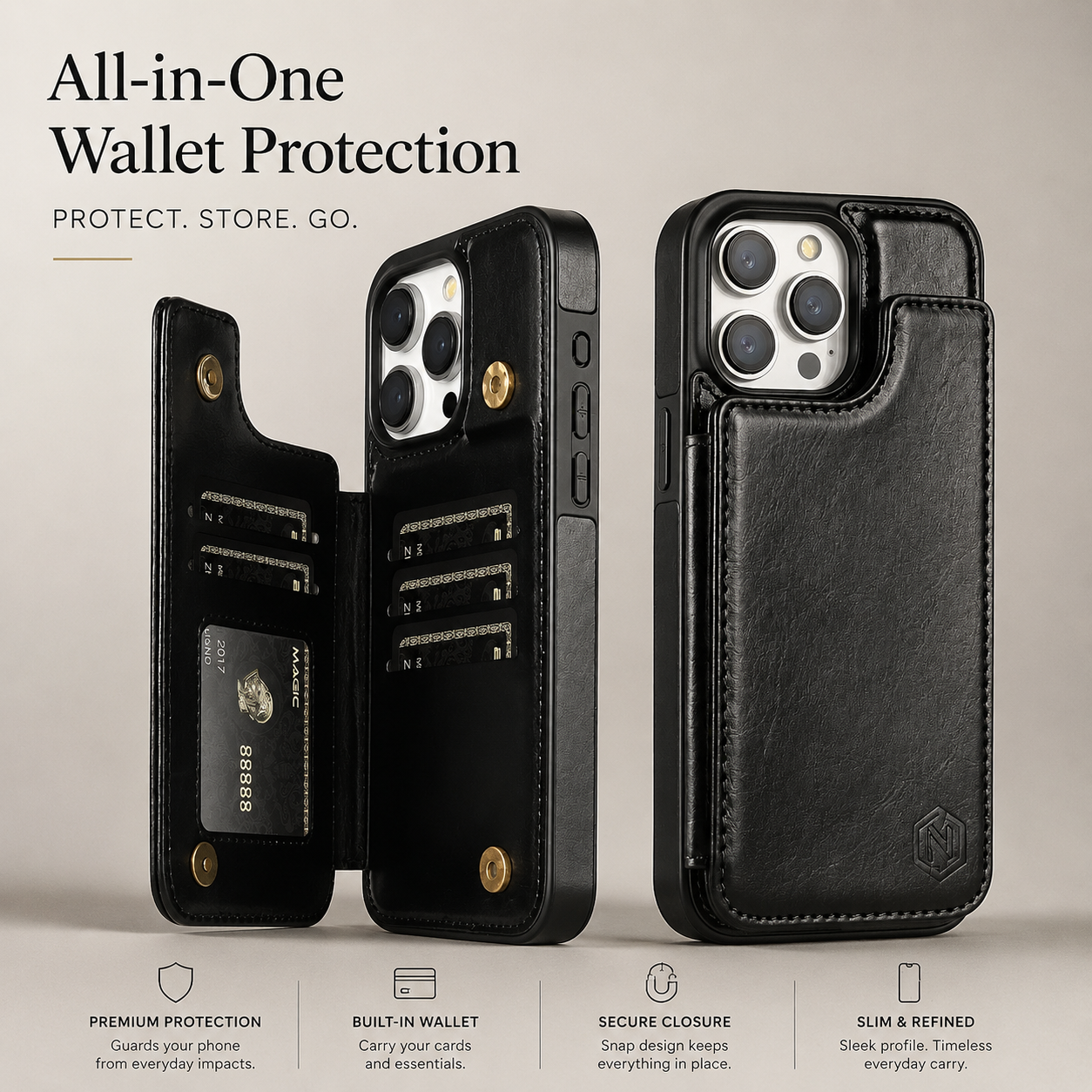 Premium Luxury iPhone Case MagSafe Compatible Flip Wallet Leather Cover RFID Blocking Card Holder Magnetic Closure Kickstand Shockproof Protective Design Finish