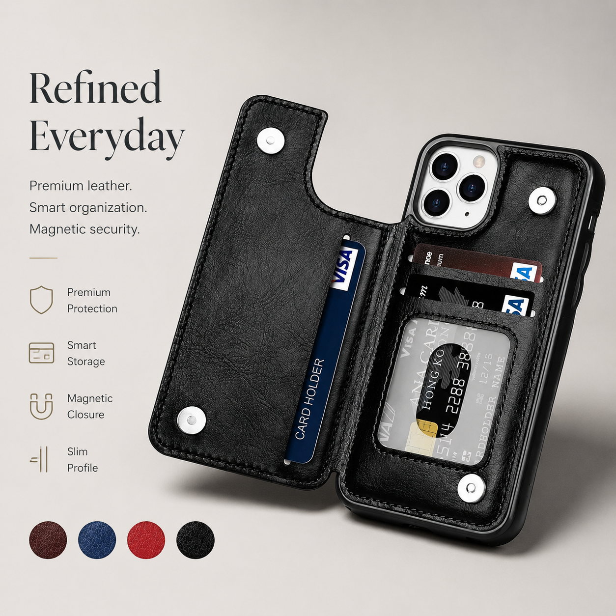 Premium Luxury iPhone Case MagSafe Compatible Flip Wallet Leather Cover RFID Blocking Card Holder Magnetic Closure Kickstand Shockproof Protective Design Finish