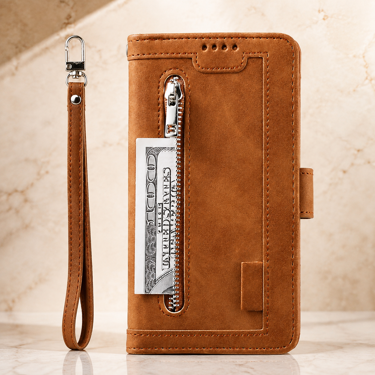 Premium Luxury iPhone Case MagSafe Compatible Flip Wallet Leather Cover Zipper Card Holder Strap Kickstand Shockproof Camera Protection Design Finish