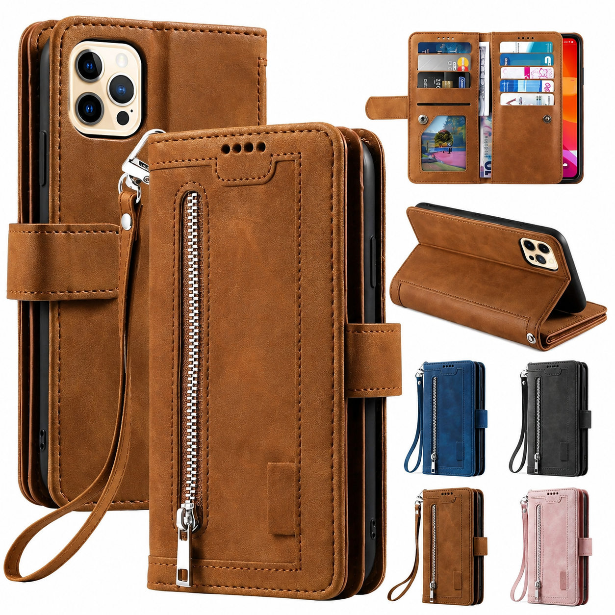 Premium Luxury iPhone Case MagSafe Compatible Flip Wallet Leather Cover Zipper Card Holder Strap Kickstand Shockproof Camera Protection Design Finish