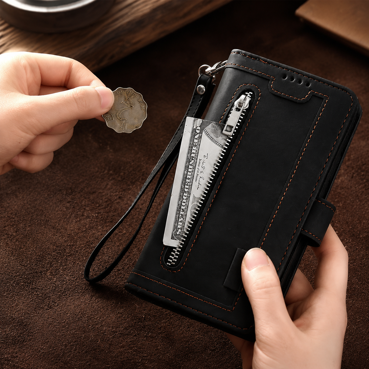 Premium Luxury iPhone Case MagSafe Compatible Flip Wallet Leather Cover Zipper Card Holder Strap Kickstand Shockproof Camera Protection Design Finish