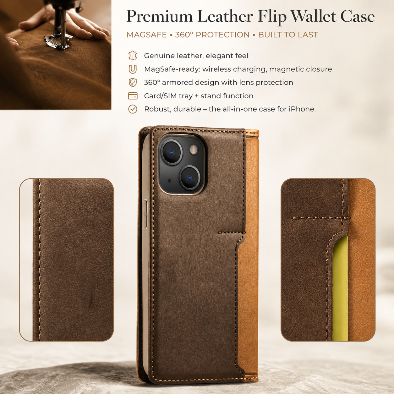Premium Luxury iPhone Case MagSafe Compatible Genuine Leather Flip Wallet Cover Card Holder Magnetic Closure Shockproof Camera Protection Slim Design Finish