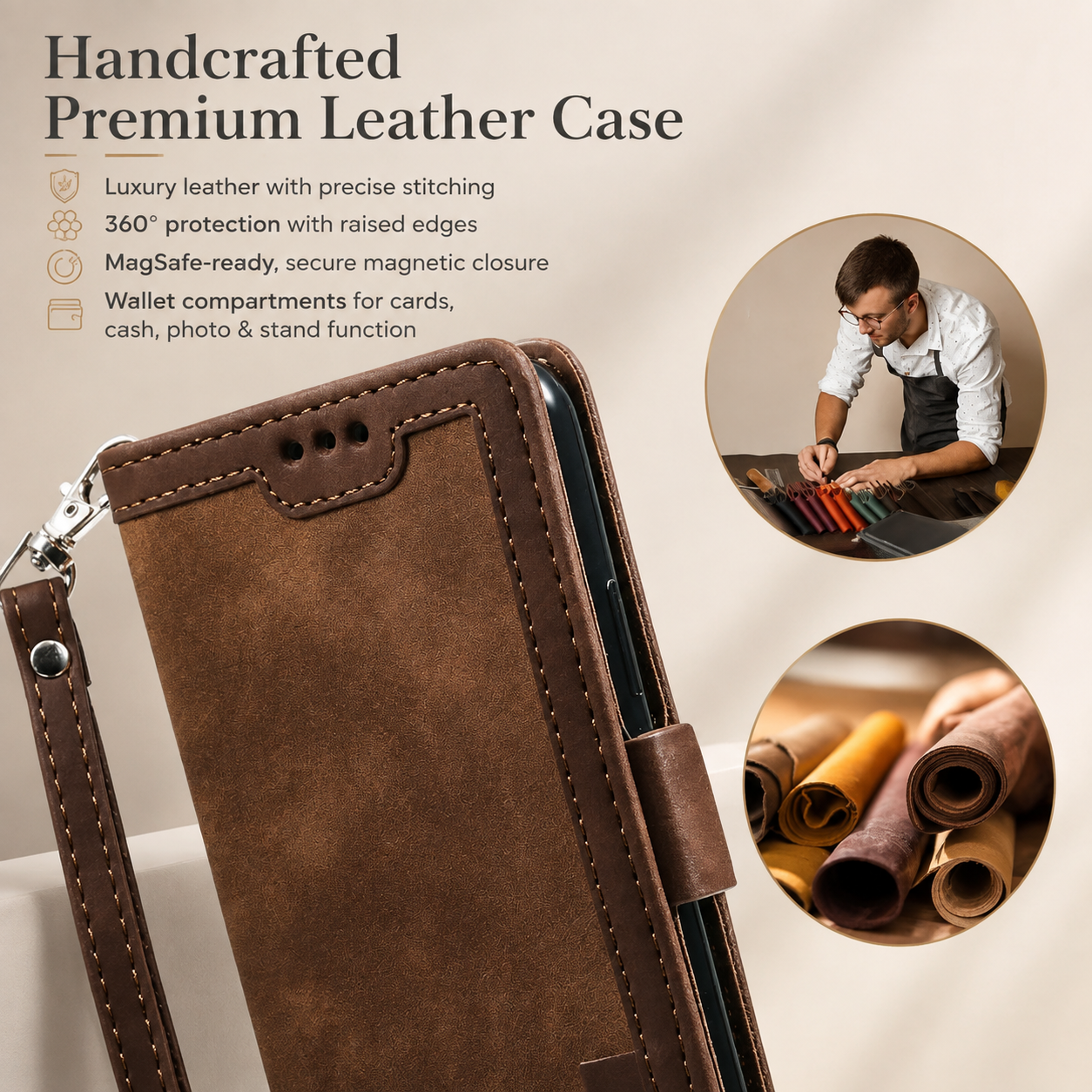 Premium Luxury iPhone Case MagSafe Compatible Genuine Leather Flip Wallet Cover Card Holder Magnetic Closure Shockproof Camera Protection Slim Design Finish