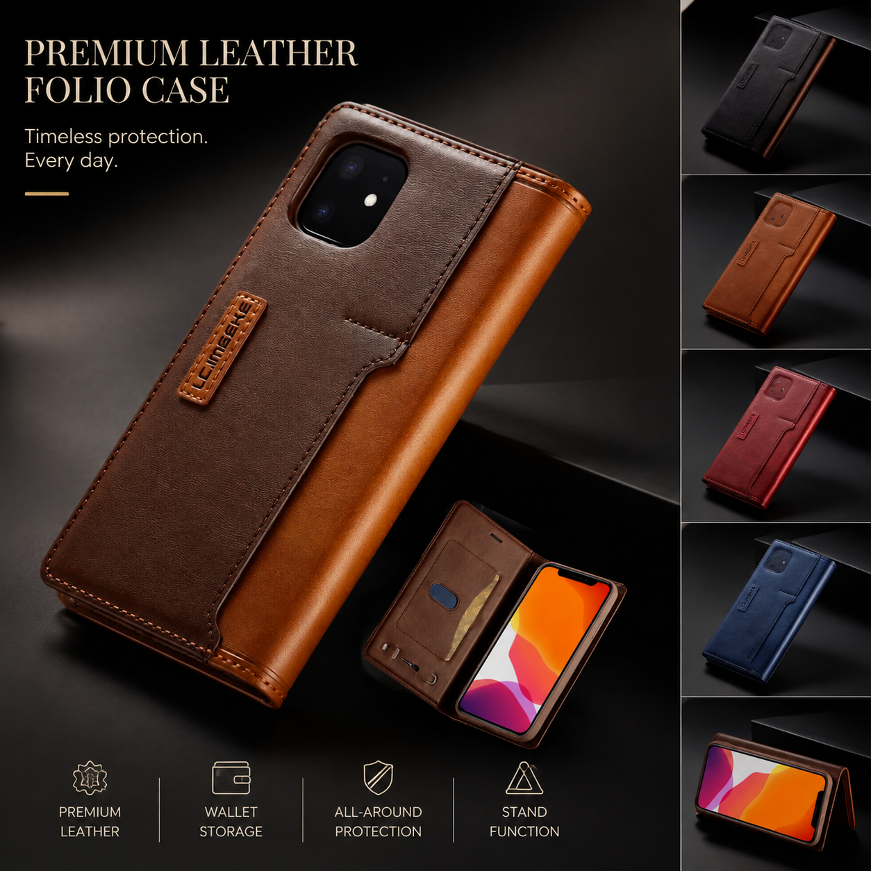 Premium Luxury iPhone Case MagSafe Compatible Genuine Leather Flip Wallet Cover Card Holder Magnetic Closure Shockproof Camera Protection Slim Design Finish