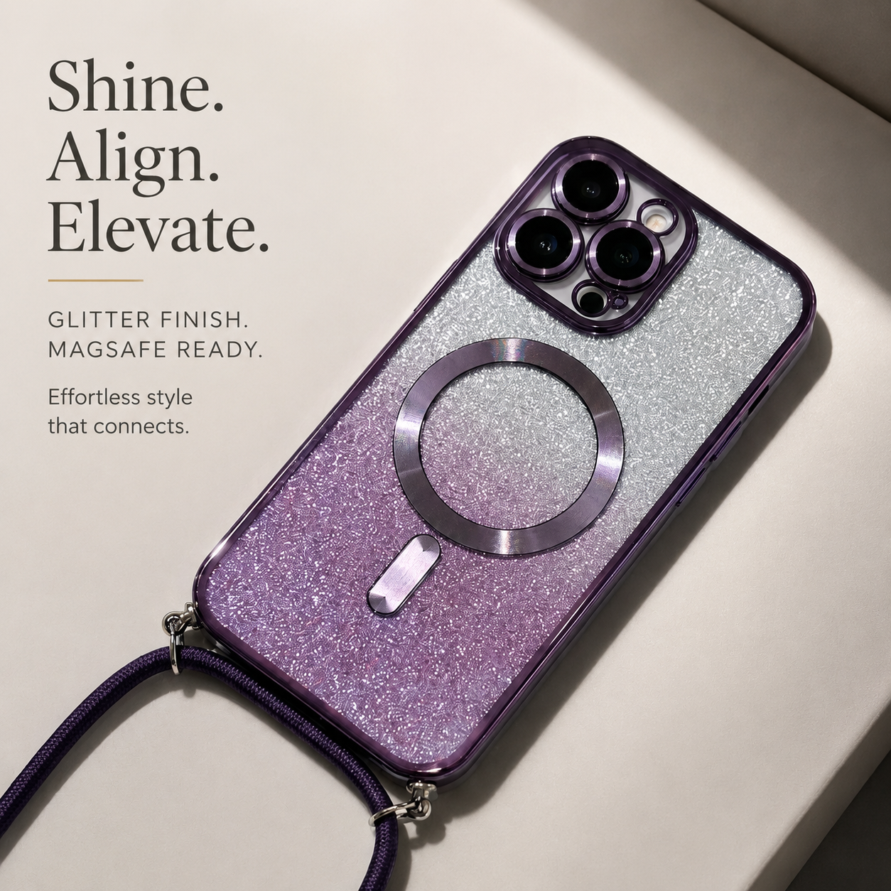 Premium Luxury iPhone Case MagSafe Compatible Gradient Glitter Crossbody Strap TPU Cover Camera Lens Protection Shockproof Slim Design Finish