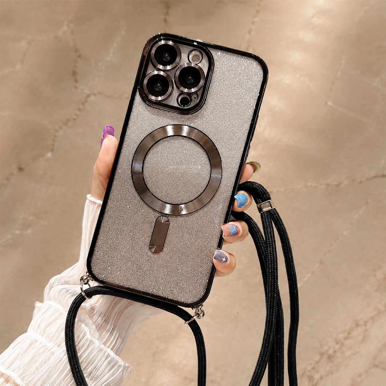 Premium Luxury iPhone Case MagSafe Compatible Gradient Glitter Crossbody Strap TPU Cover Camera Lens Protection Shockproof Slim Design Finish