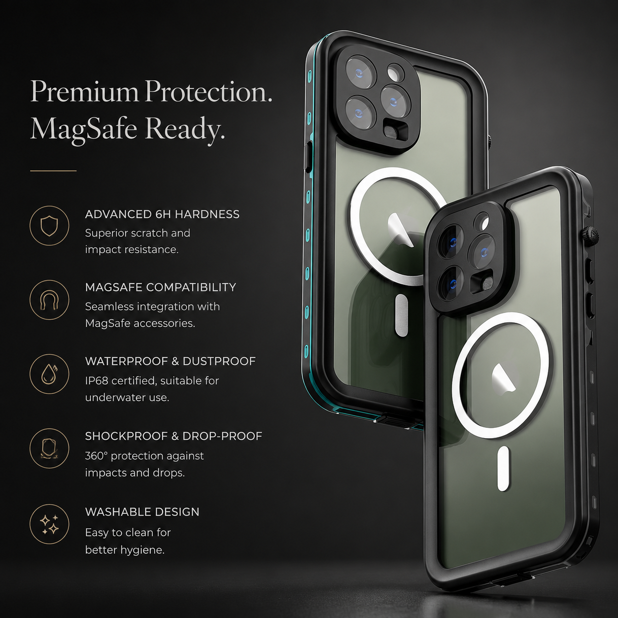 Premium Luxury iPhone Case MagSafe Compatible IP68 Waterproof 360 Full Body Sealed Cover Shockproof Transparent Camera Protection Durable Design