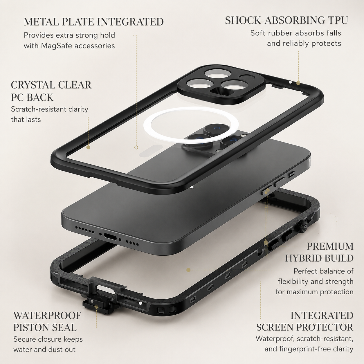 Premium Luxury iPhone Case MagSafe Compatible IP68 Waterproof Cover 360 Full Body Sealed Shockproof Camera Lens Protection Dustproof Durable Design