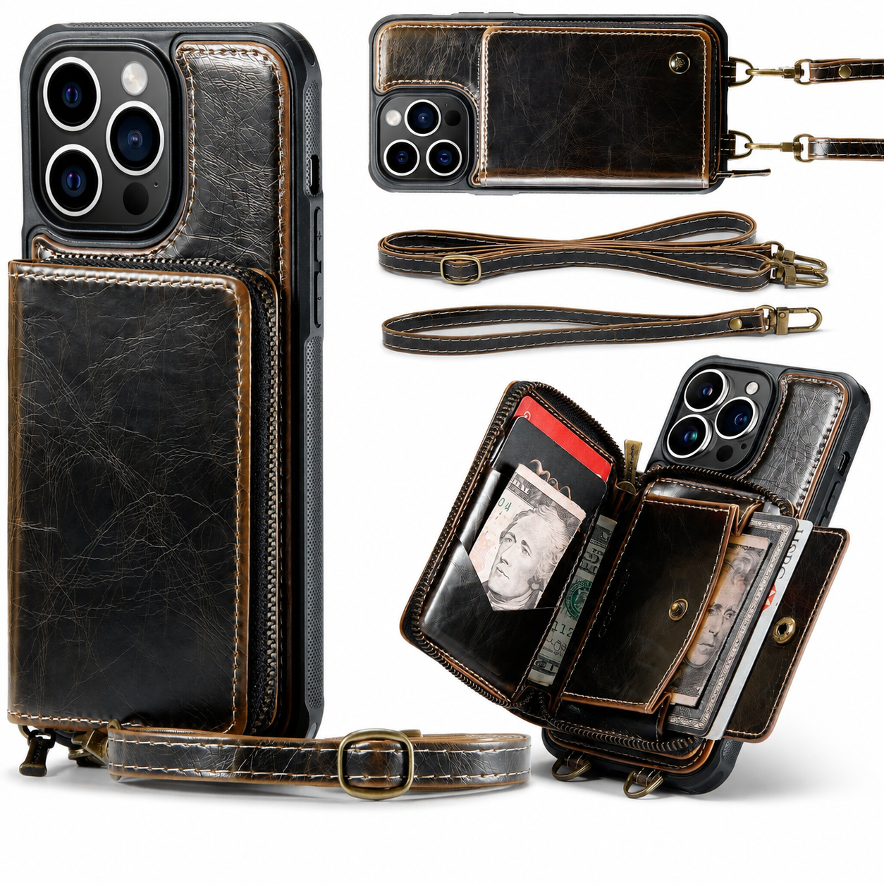 Premium Luxury iPhone Case MagSafe Compatible Leather Crossbody Wallet Cover Card Holder Strap Stand Shockproof Full Body Protection Slim Design Finish