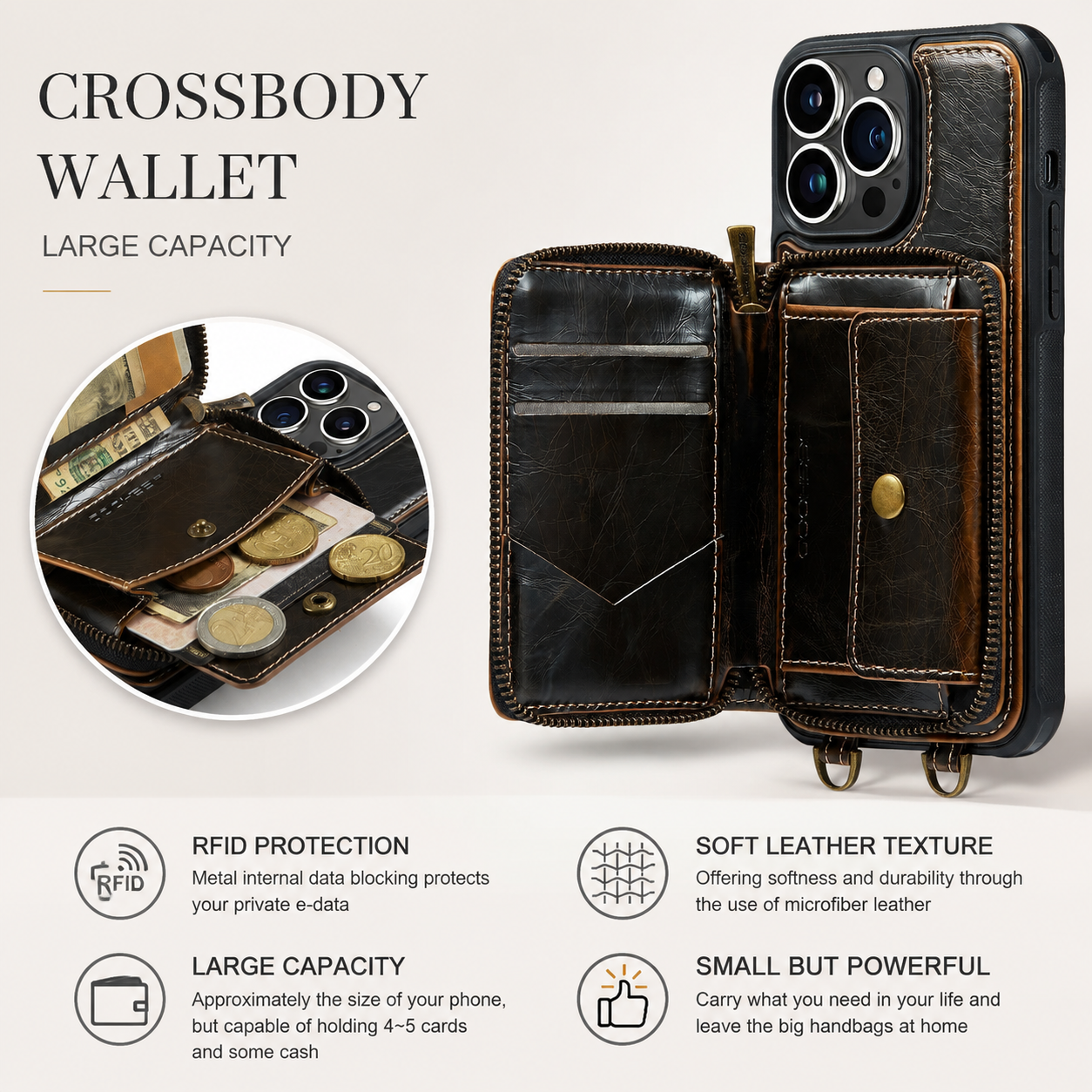 Premium Luxury iPhone Case MagSafe Compatible Leather Crossbody Wallet Cover Card Holder Strap Stand Shockproof Full Body Protection Slim Design Finish