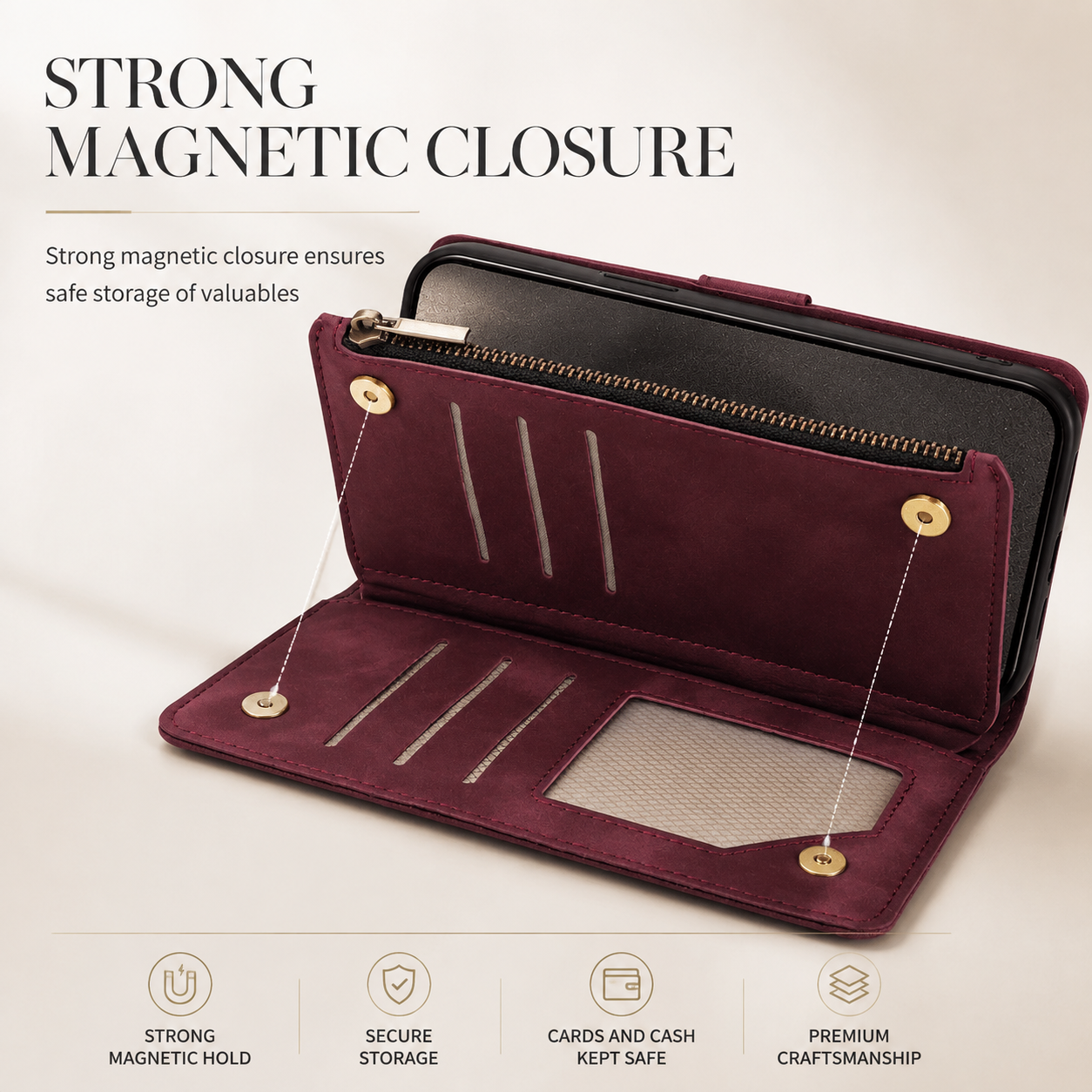 Premium Luxury iPhone Case MagSafe Compatible Leather Wallet Cover Card Holder Magnetic Closure Shockproof Camera Protection Slim Design Finish