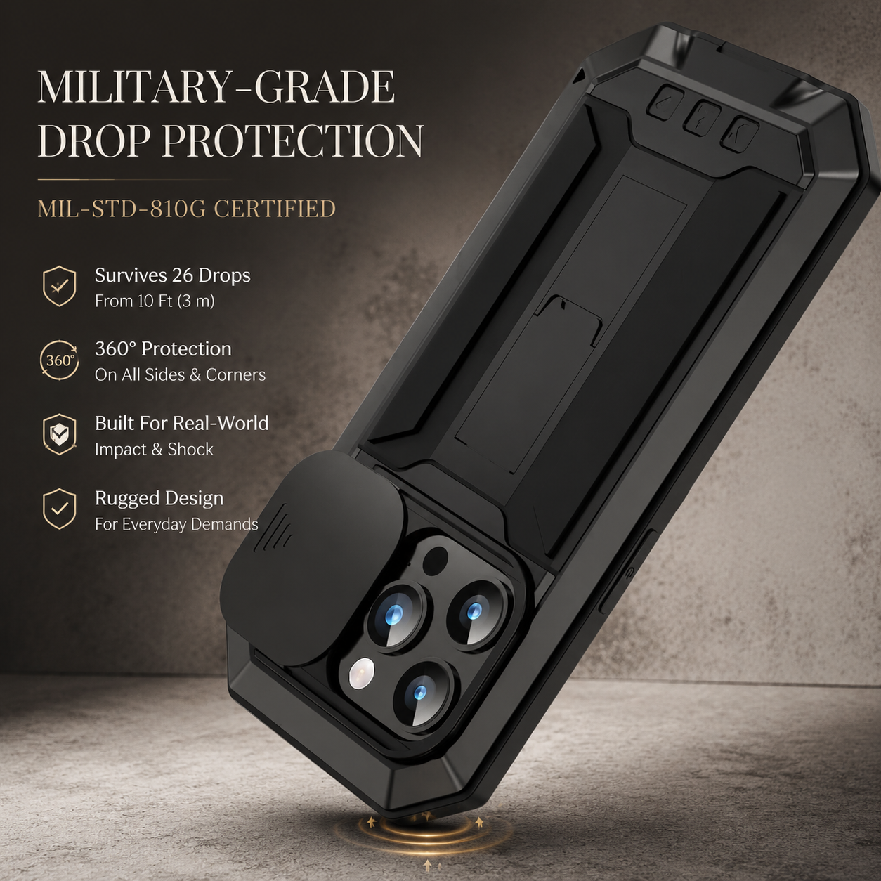 Premium Luxury iPhone Case MagSafe Compatible Military Metal Armor Cover Slide Camera Protector Tempered Glass Screen Shockproof Full Body Waterproof Rugged Design