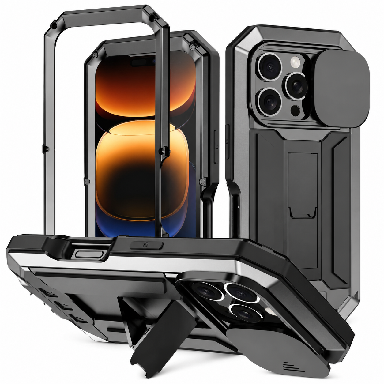 Premium Luxury iPhone Case MagSafe Compatible Military Metal Armor Cover Slide Camera Protector Tempered Glass Screen Shockproof Full Body Waterproof Rugged Design