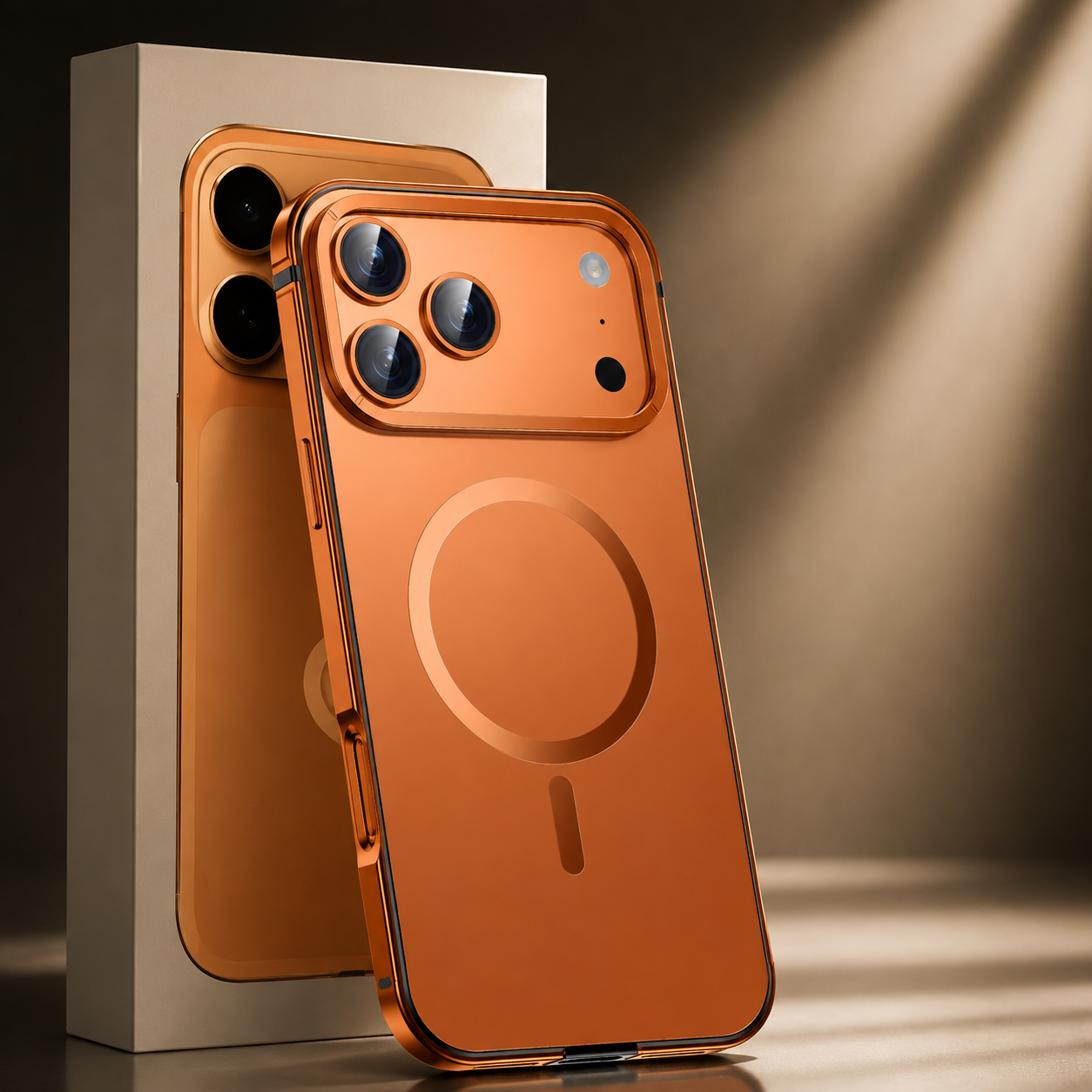 Premium Luxury iPhone Case MagSafe Compatible Orange Aluminum Alloy Cover Magnetic Glass Camera Protection Shockproof Matte Anti Scratch Durable Design