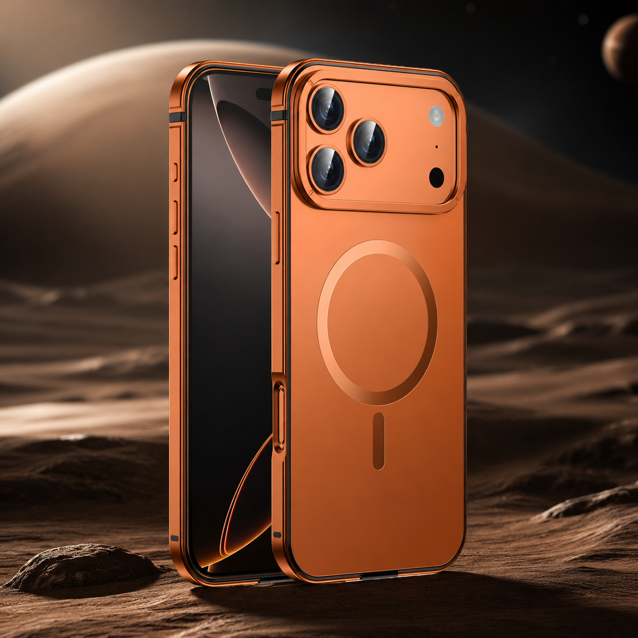 Premium Luxury iPhone Case MagSafe Compatible Orange Aluminum Alloy Cover Magnetic Glass Camera Protection Shockproof Matte Anti Scratch Protective Durable Design