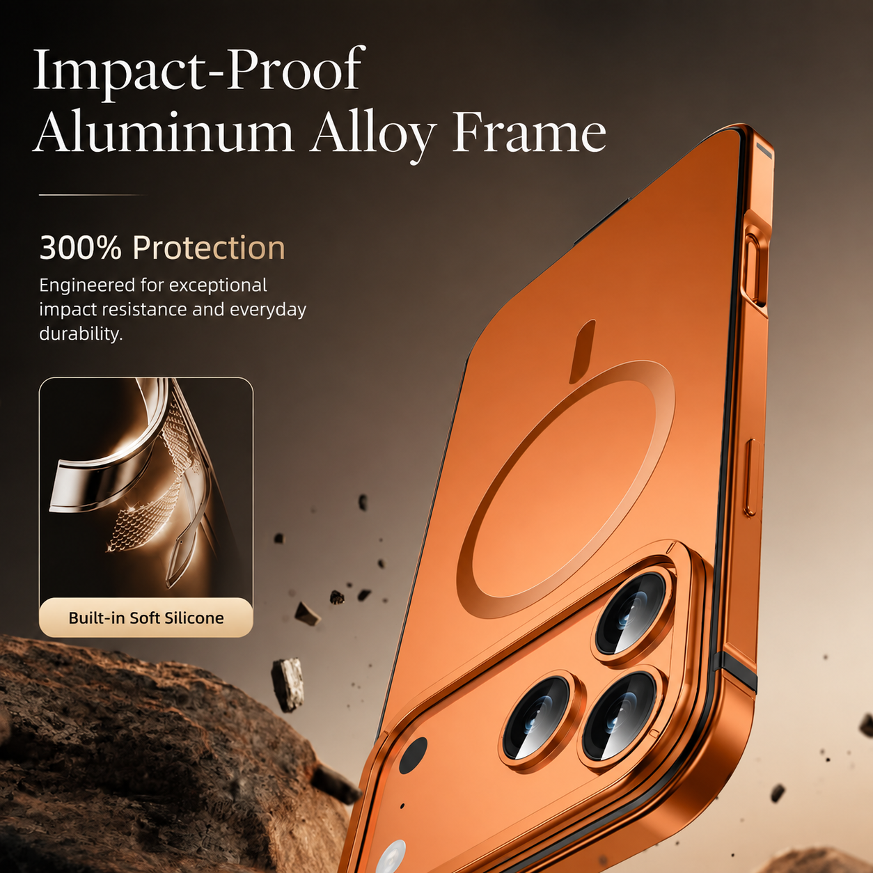 Premium Luxury iPhone Case MagSafe Compatible Orange Aluminum Alloy Cover Magnetic Glass Camera Protection Shockproof Matte Anti Scratch Protective Durable Design