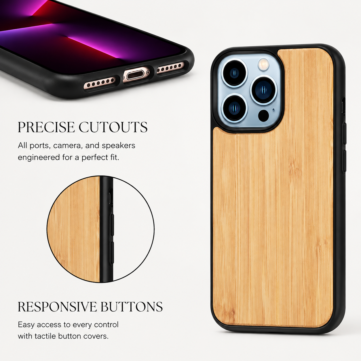 Premium Luxury iPhone Case MagSafe Compatible Solid Bamboo Wood Cover Hard Back Shockproof Camera Protection Slim Natural Design Finish