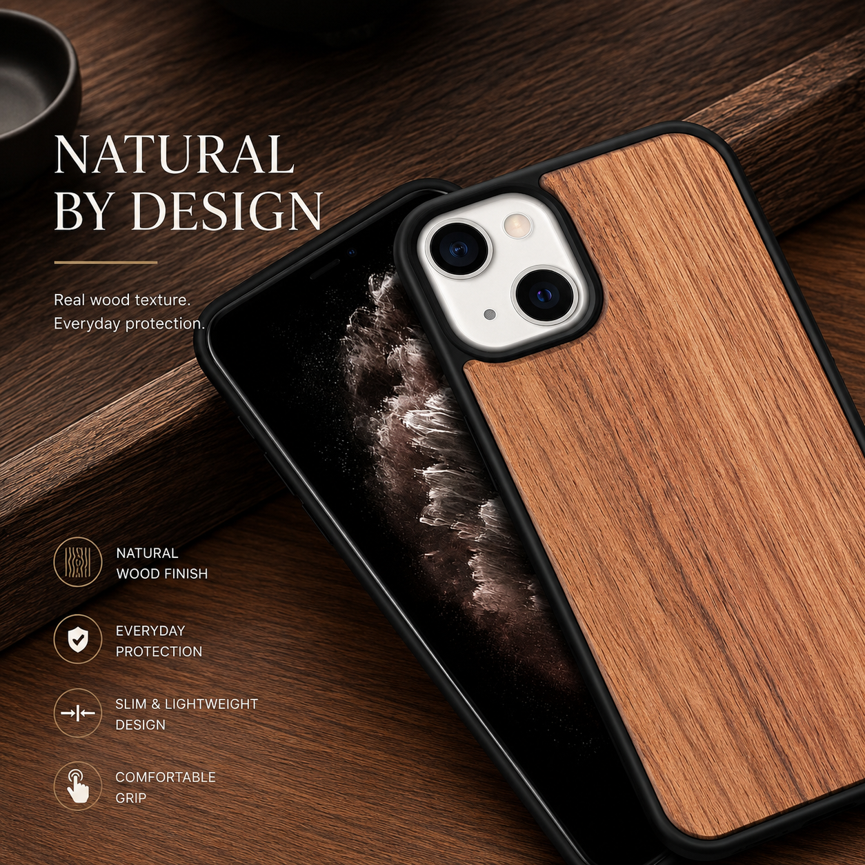 Premium Luxury iPhone Case MagSafe Compatible Solid Bamboo Wood Cover Hard Back Shockproof Camera Protection Slim Natural Design Finish